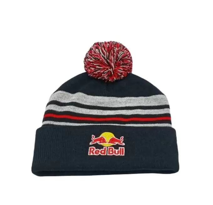 Red Bull Beanie Pompom hat Gray Black Red Striped hat